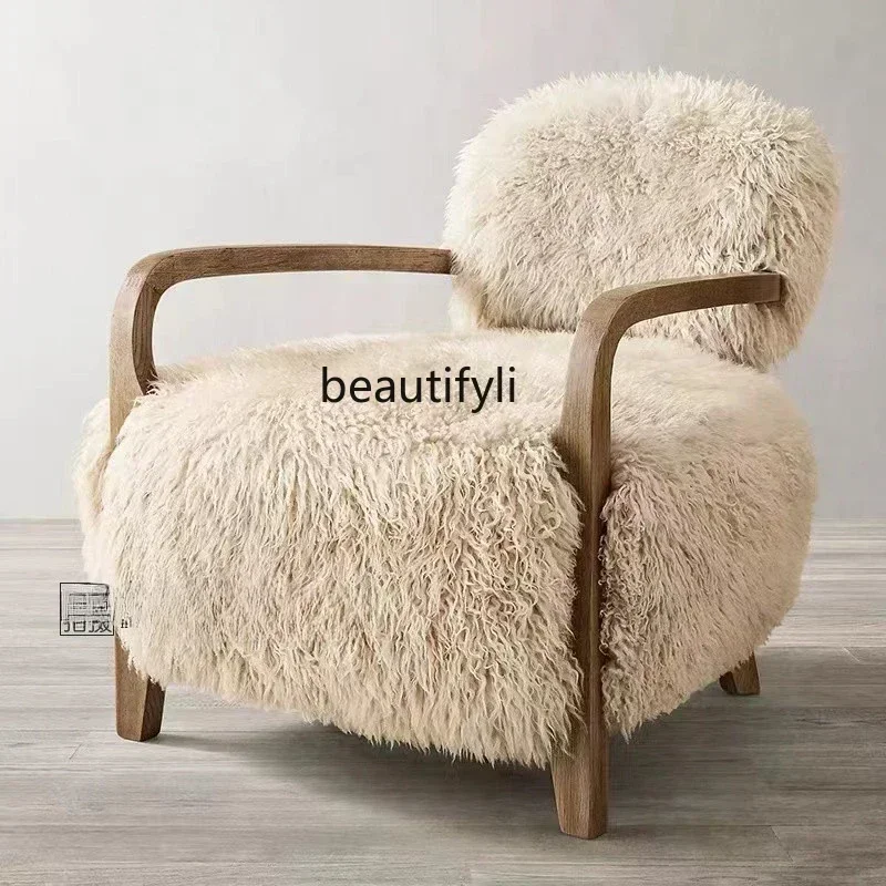 American Country Solid Wood Armchair Living Room Balcony Creative Lamb Wool Sofa Light Luxury Modern Chair