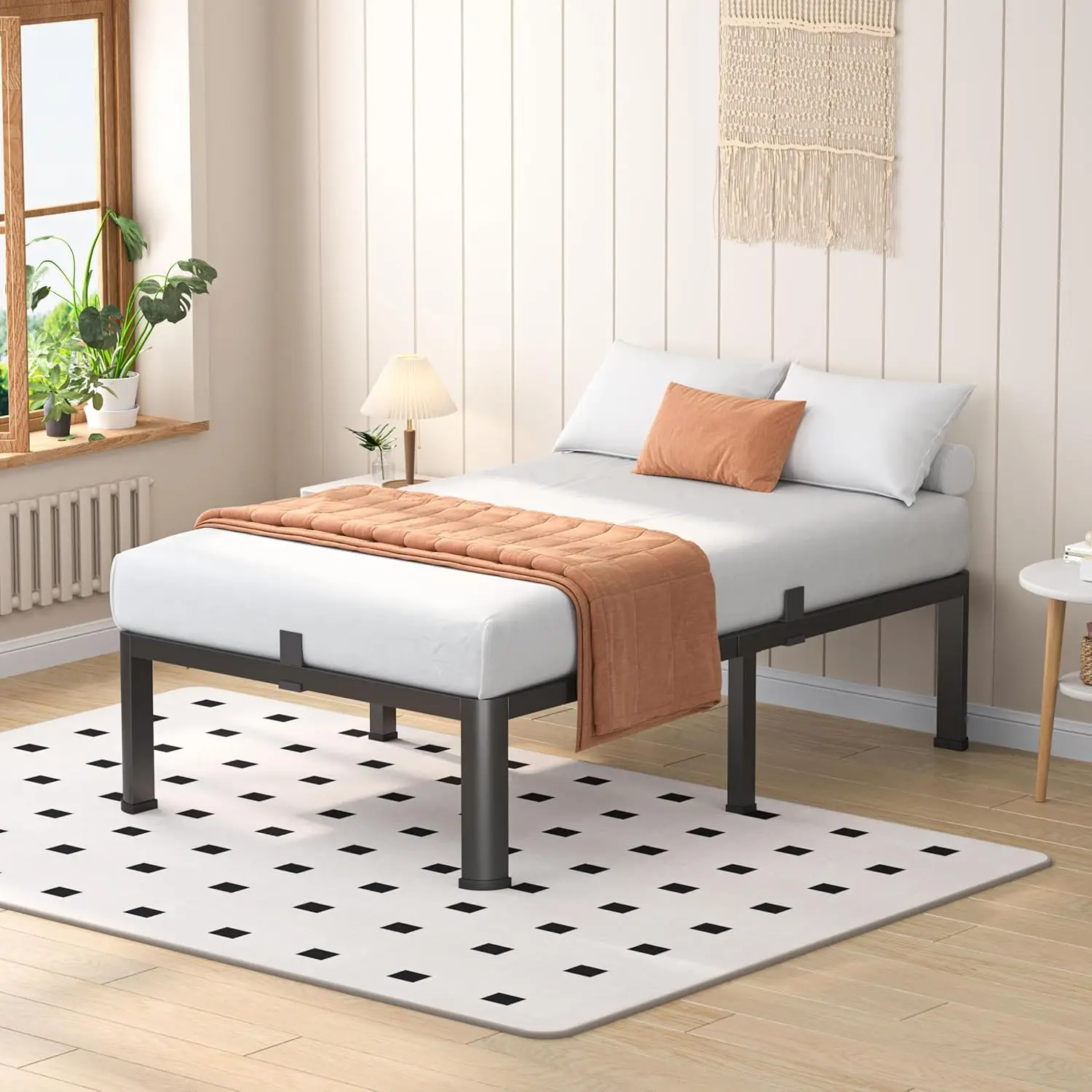 Estrutura de cama resistente de 16 polegadas com pernas de canto redondo, design anti-queima, montagem rápida, sem necessidade de molas