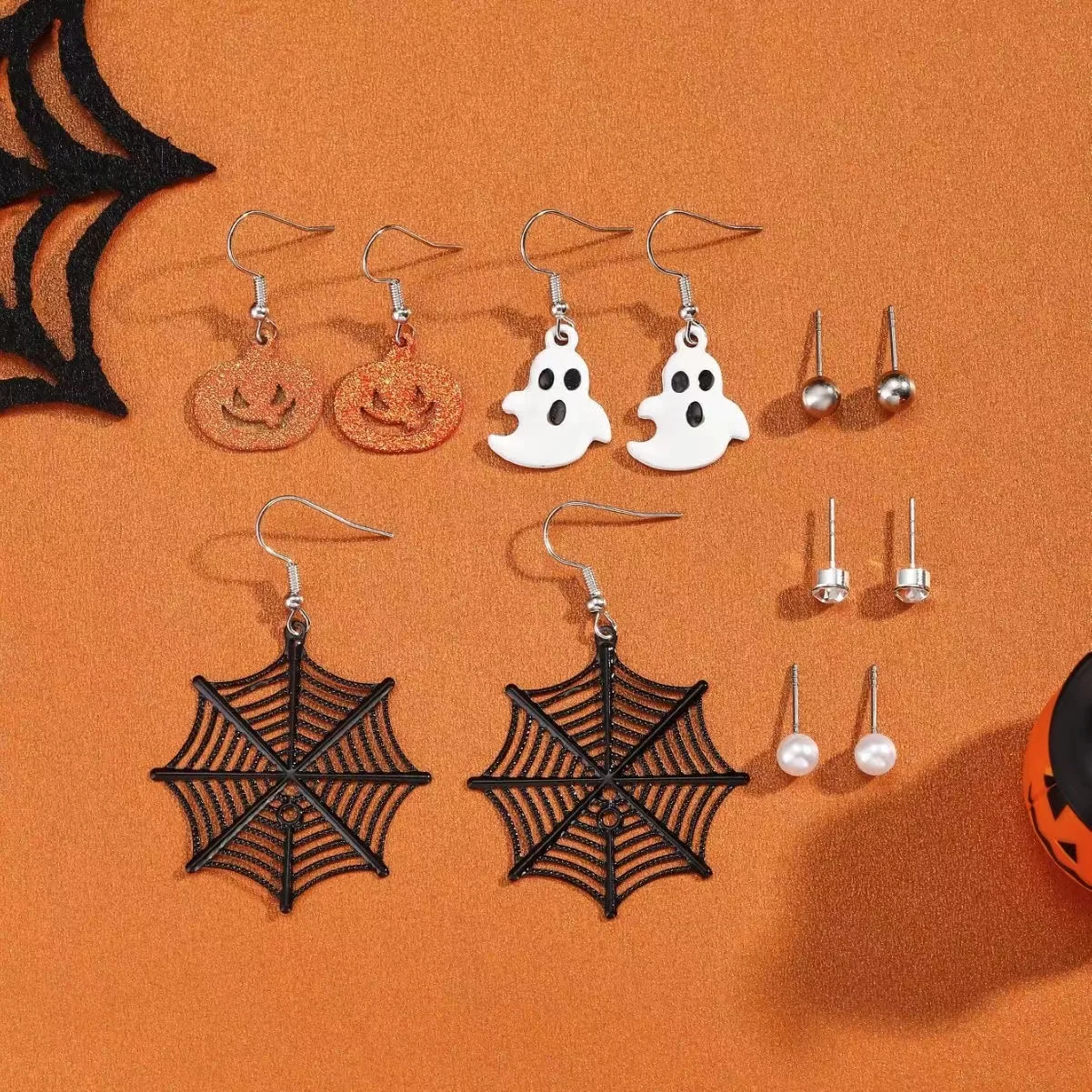 Set of 6 Halloween Spider Web Pumpkin Ghost Earrings Combo Festive Vibe Set Earrings