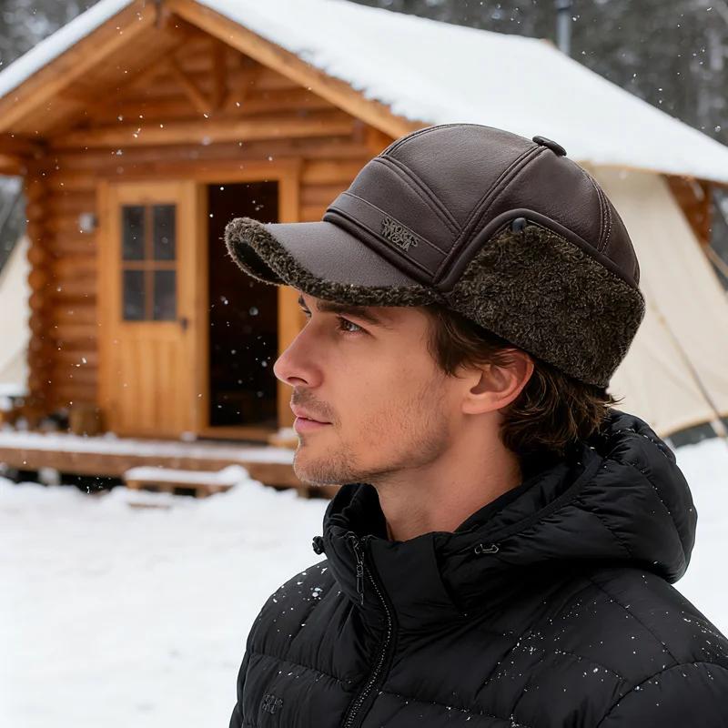 NORTHWOOD Herren-Winter-Baseballmütze, Trucker-Mütze mit Ohren- und Halsklappen, Kunstleder, für den Außenbereich, mit Fleece gefüttert, winddicht, Bombermütze, 58 cm