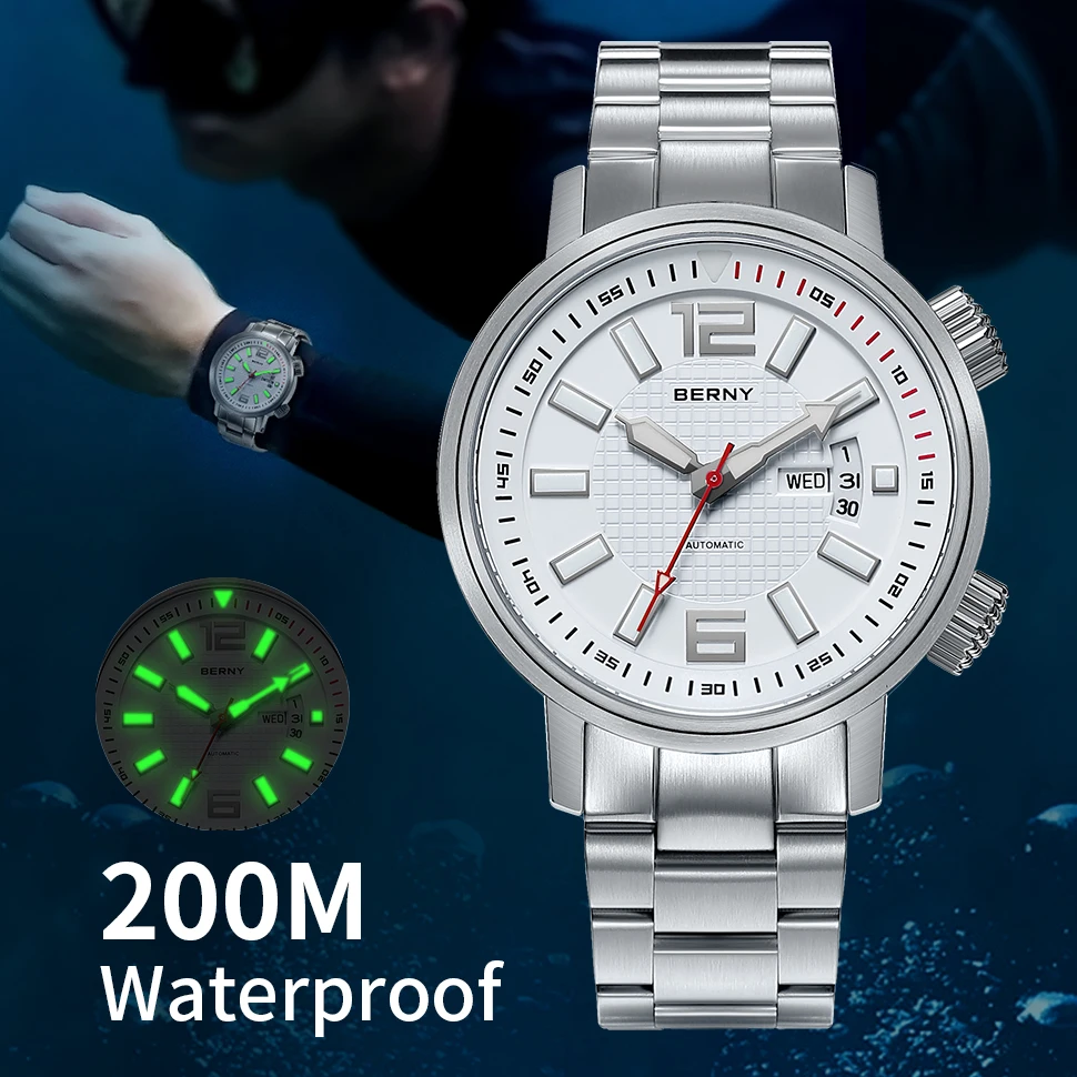 BERNY 20ATM Diver Mechanical Watch For Men Super Luminous Swim Watch Sport Miyota 8205 Sapphire Automatic Diving Men Wristwatch