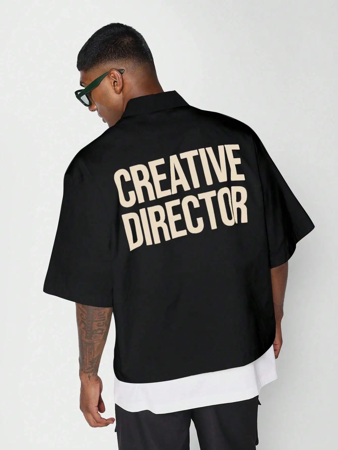 

Black Box Fit Zip-Up Shirt with Bold Back Graphic Print