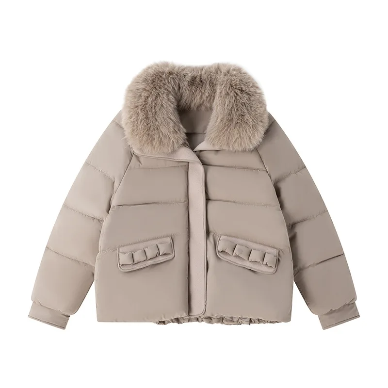 Inverno quente gola de pele feminina parka moda confortável bolsos com zíper design algodão acolchoado jaqueta elegante fino grosso casaco feminino