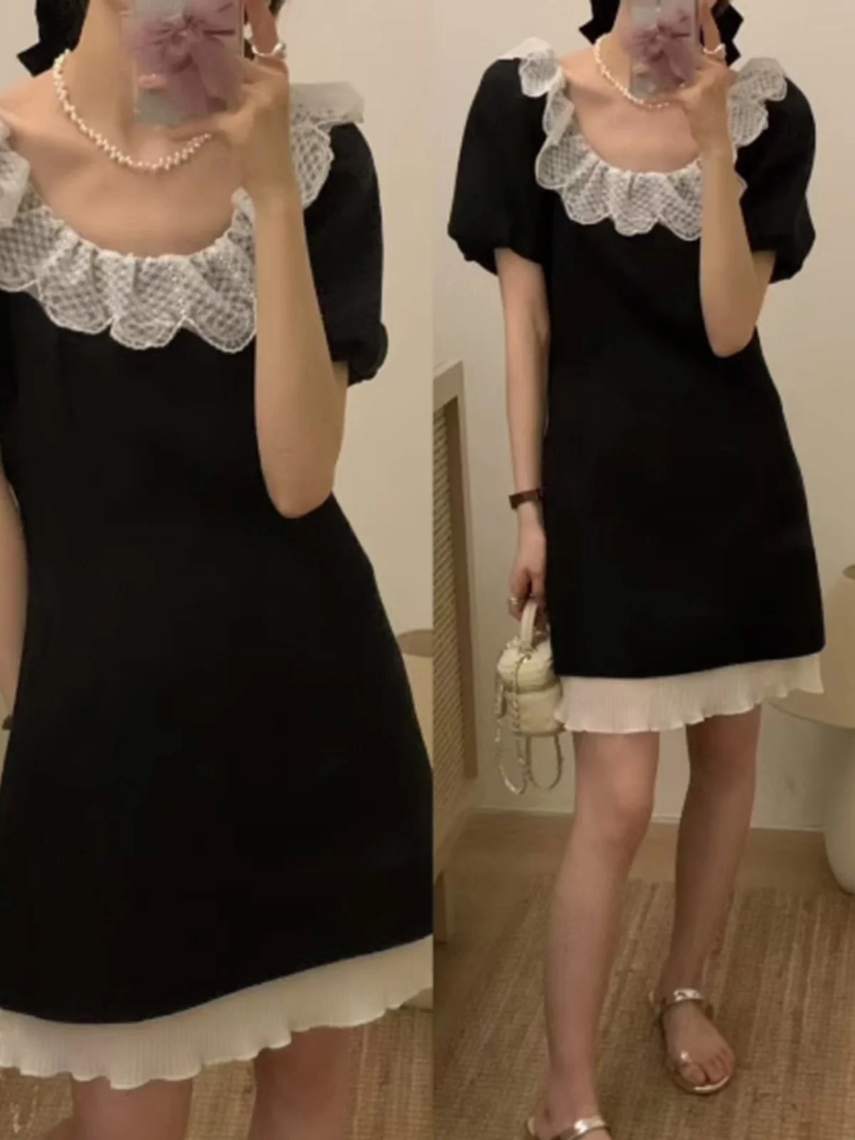 Chic Lace Trimmed Doll Collar Bubble Sve ort A-Line Dr Women's Faion Korean Sle High Waist ort Skirt Dr