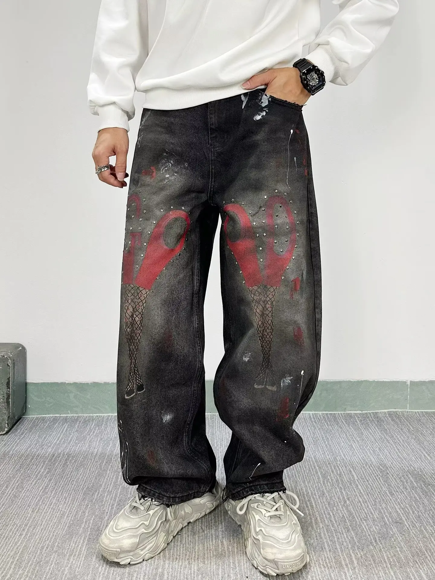 American High Street Style 3D Digital Print Straight Leg Jeans Unisex Loose Street Casual Wide Leg Long Trousers
