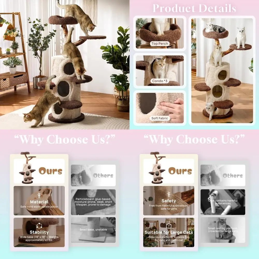 

contemporary 3-level wooden cat tree with luxury house for home decor and multi-cat living