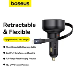 Baseus Enjoyment Pro Car Charger C+Retractable C For iPone Cable 55W 60W Cluster Black