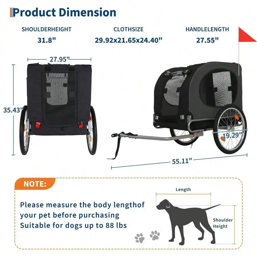 Dog Bike Trailer For Medium & Large Dogs - 2 In 1 Convertible Jogger Stroller With Universal Hitch, Waterproof & Safety Flag, 88