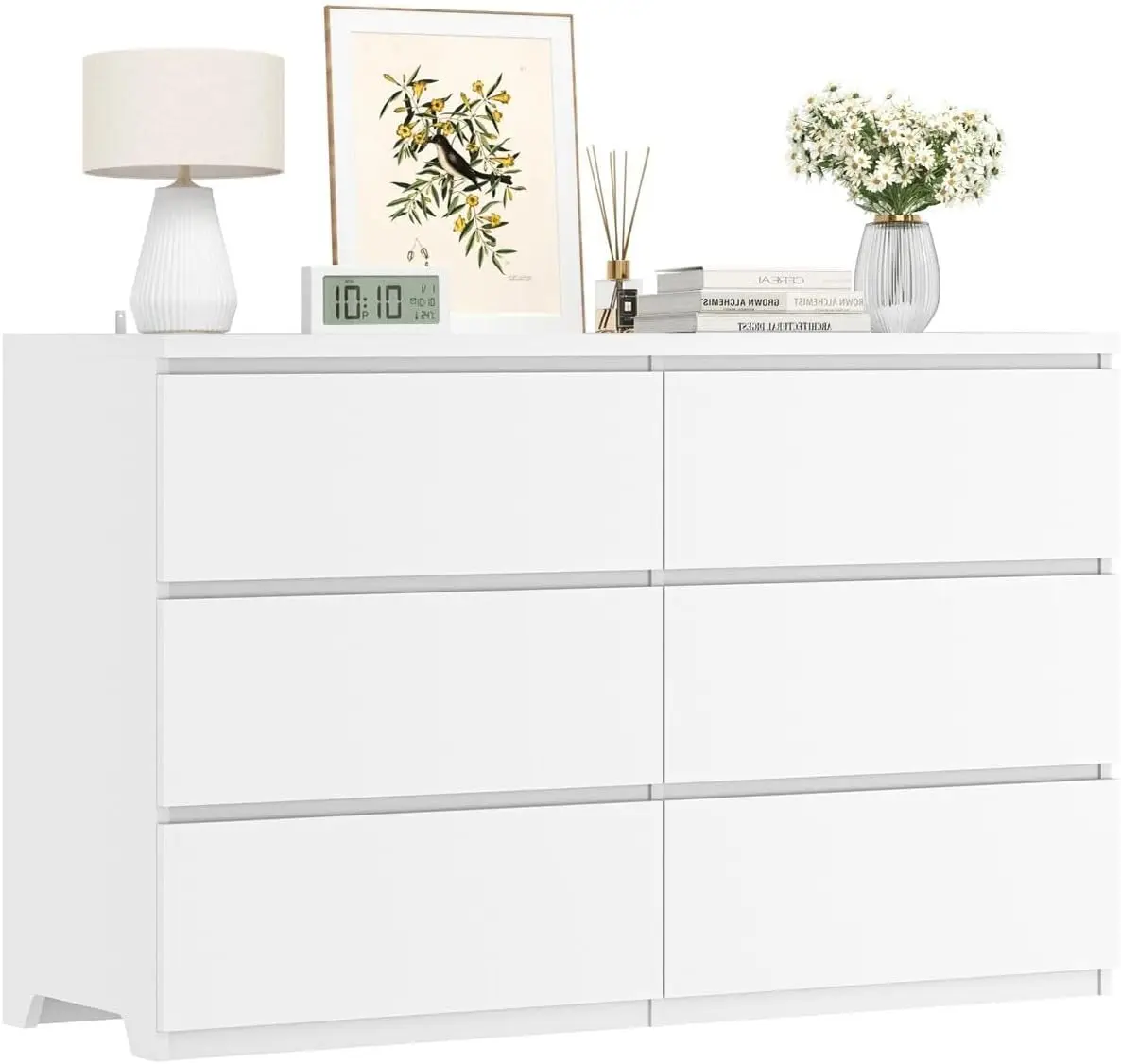 White Wood 6 Drawer Dresser for Bedroom, Deep Drawers, Storage Organizer