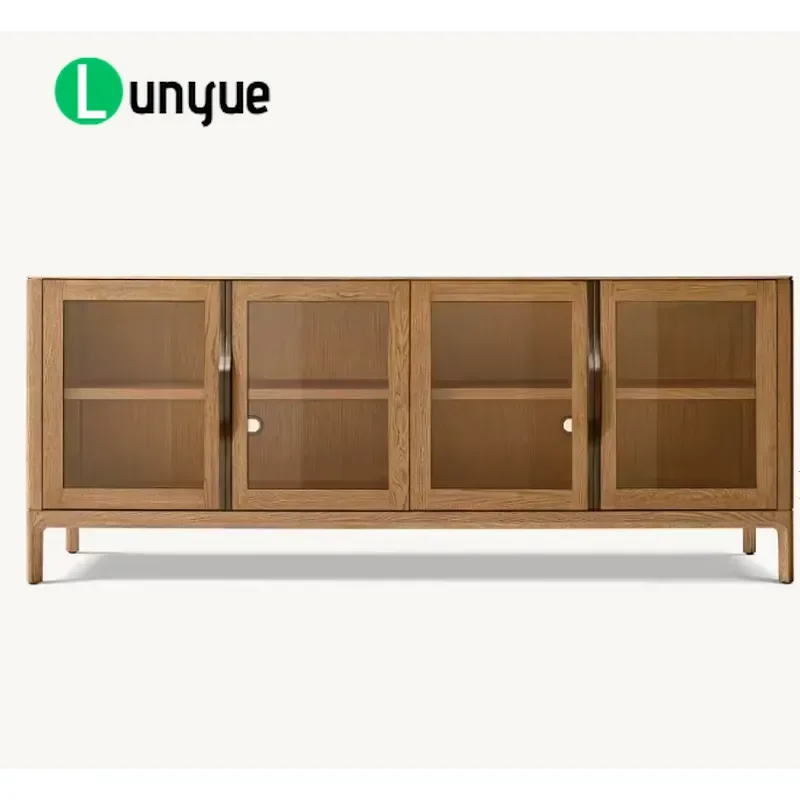 Modern French Style Solid Wood Dining Side Cabinet 4 Door Storage Cupboard for Living Room Dining Room Self Service Furniture