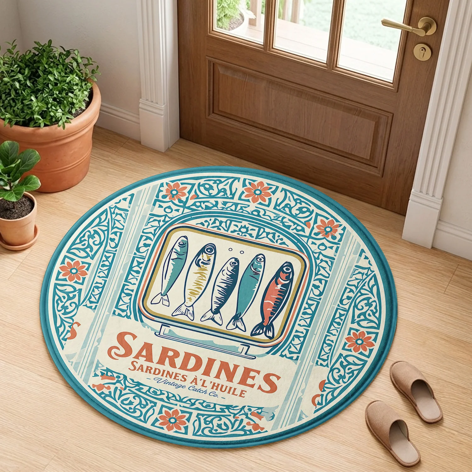 Vintage Sardine Tin Round Rug, Retro Seafood Label Non-Slip Floor Mat, Coastal Kitchen Circle Carpet for Entryway & Living Room