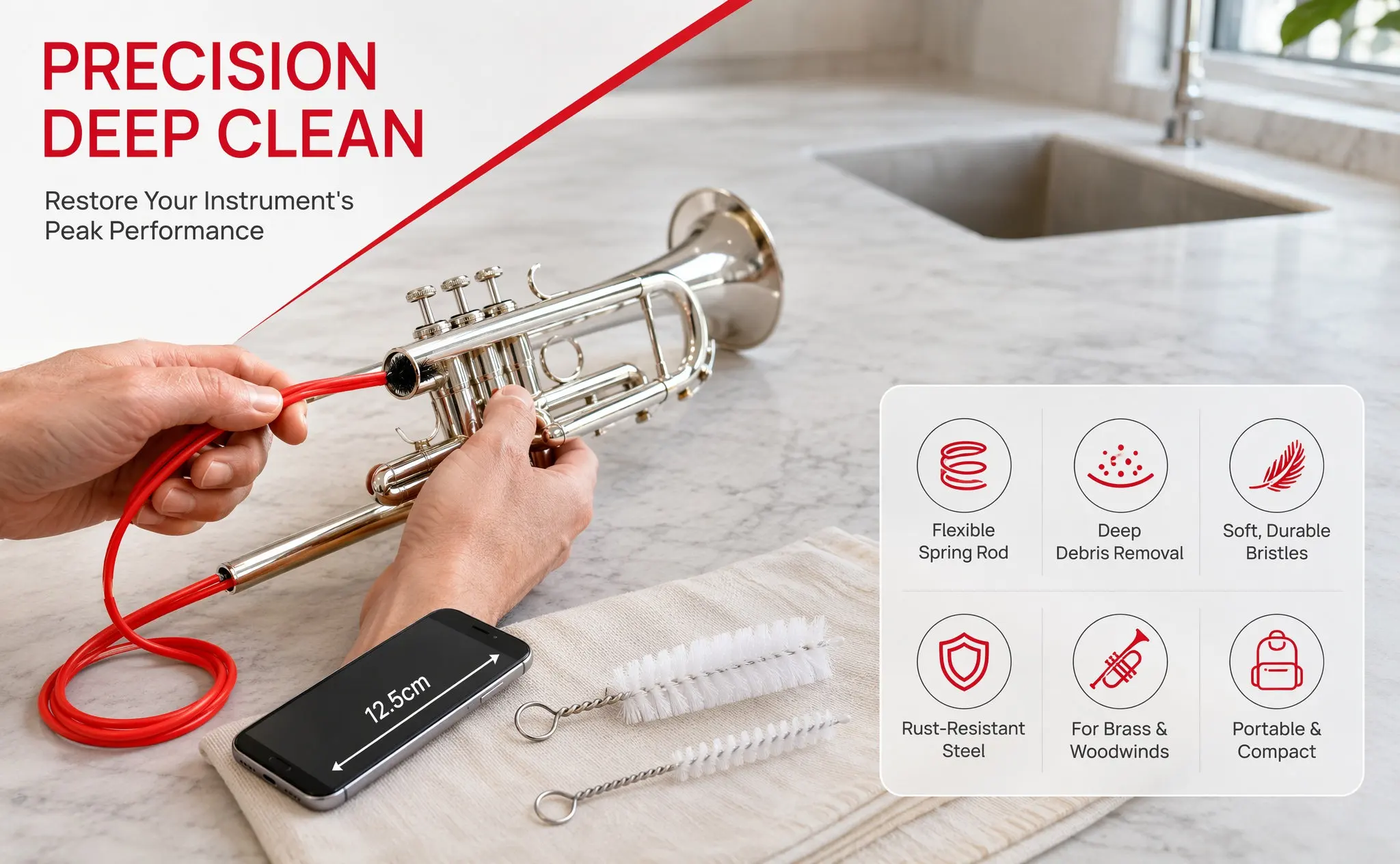 1Set Musical Instrument Cleaning Brushes Stainless Steel Handle Flexible Spring for Trumpet Saxophone Flute Mouthpiece Valve