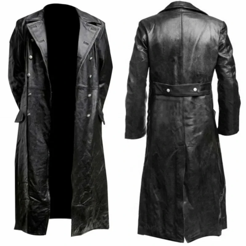 TRENCH da uomo classico tedesco WW2 uniforme militare ufficiale in pelle nera