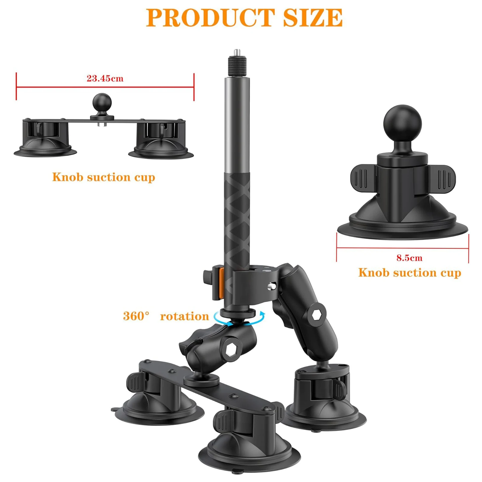 Lanxire Suction Car Mount Camera for Insta360, Suction Cups Mount with 46.4” Invisible Selfie Stick for Insta360 X4/X3, Gopro