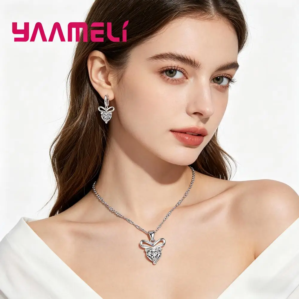 Creative 925 Sterling Silver Mouse Shape Crystal Zircon Necklace Earrings Set for Women Girls Engagement Party Jewelry Gifts