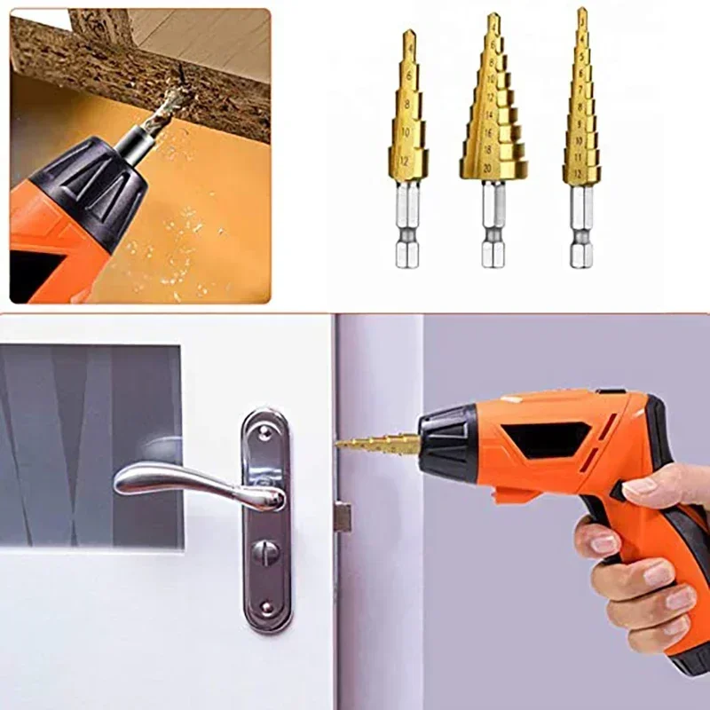 3Pcs/set 3-12mm 4-12mm 4-20mm HSS Straight Groove Step Drill Bit Titanium Coated Wood Metal Hole Cutter Core Drilling Tools Set