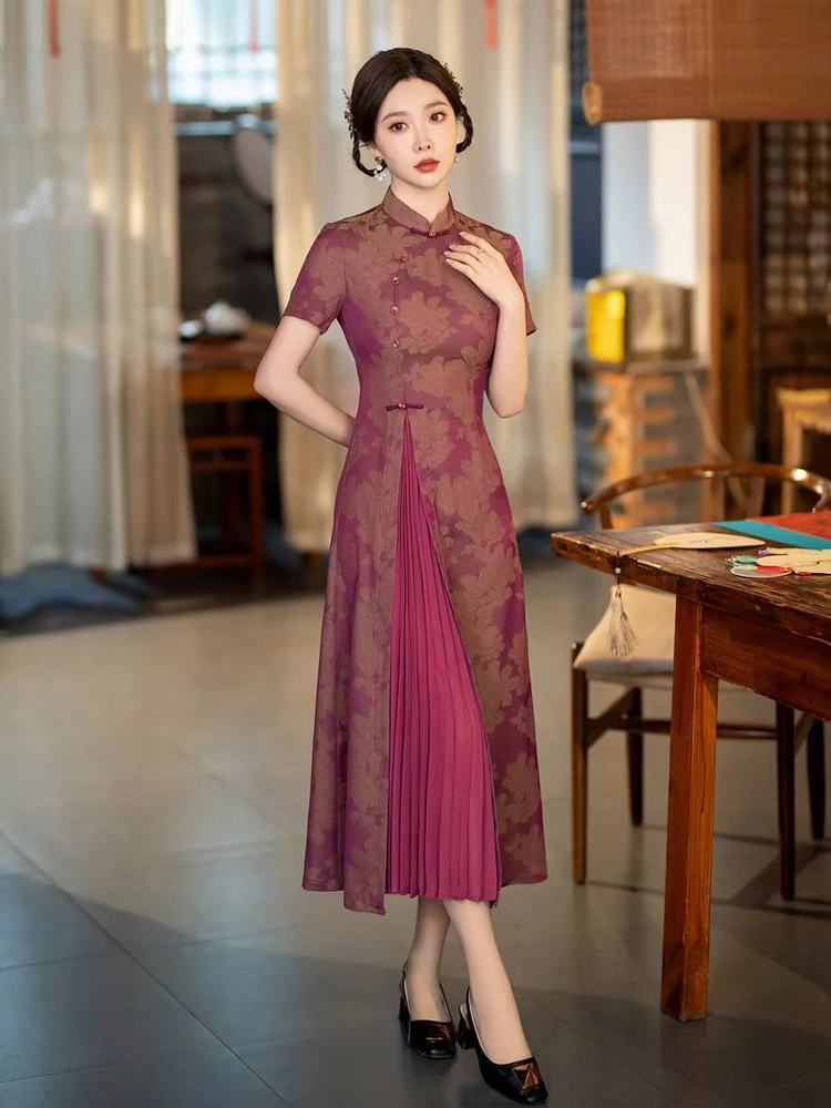 

A-Line Qipao Dr No Slit Midi Length for Mom Summer Daily Wear Retro Sle Polyester Fiber ort Sve Floral Pattern