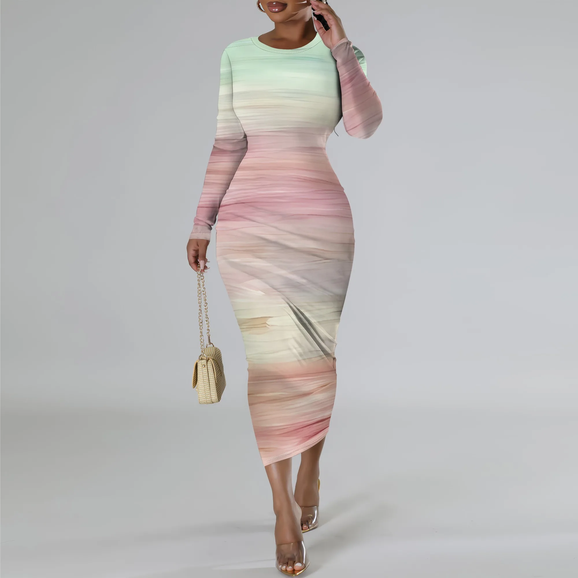 

Nupusa Ombre Print Long Sleeve Bodycon Midi Dress for Women