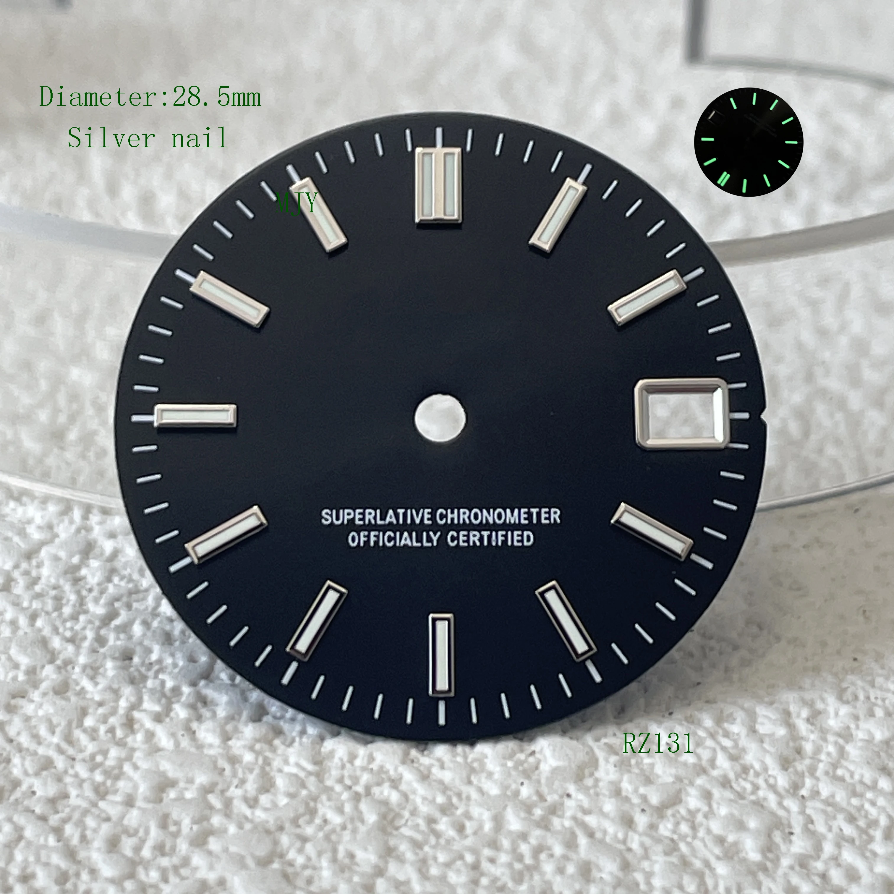 verde luminoso Vendite calde 28,5 mm Lucernario singolo data verde Logo nero Quadrante nh35 nh36 Movimento automatico Logo da 29 mm quadrante verde