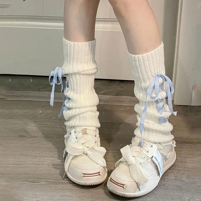

Woman Leg Warmers Autumn And Winter Ribbon Lolita Black Knee Warmers Long Socks JK Knitted Leg Warmers