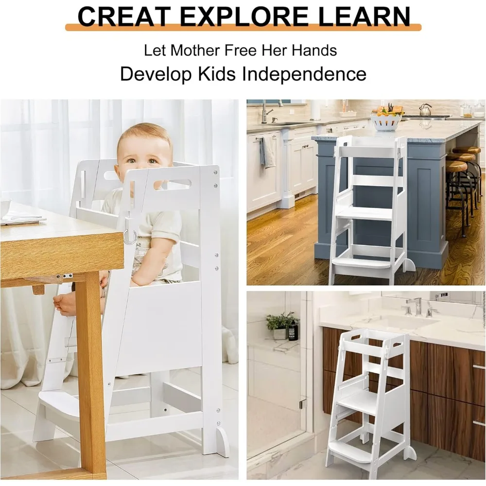 Bamboo Toddler Kitchen Step Stool White Helper Standing Tower Height Adjustable with Anti-Slip Protection