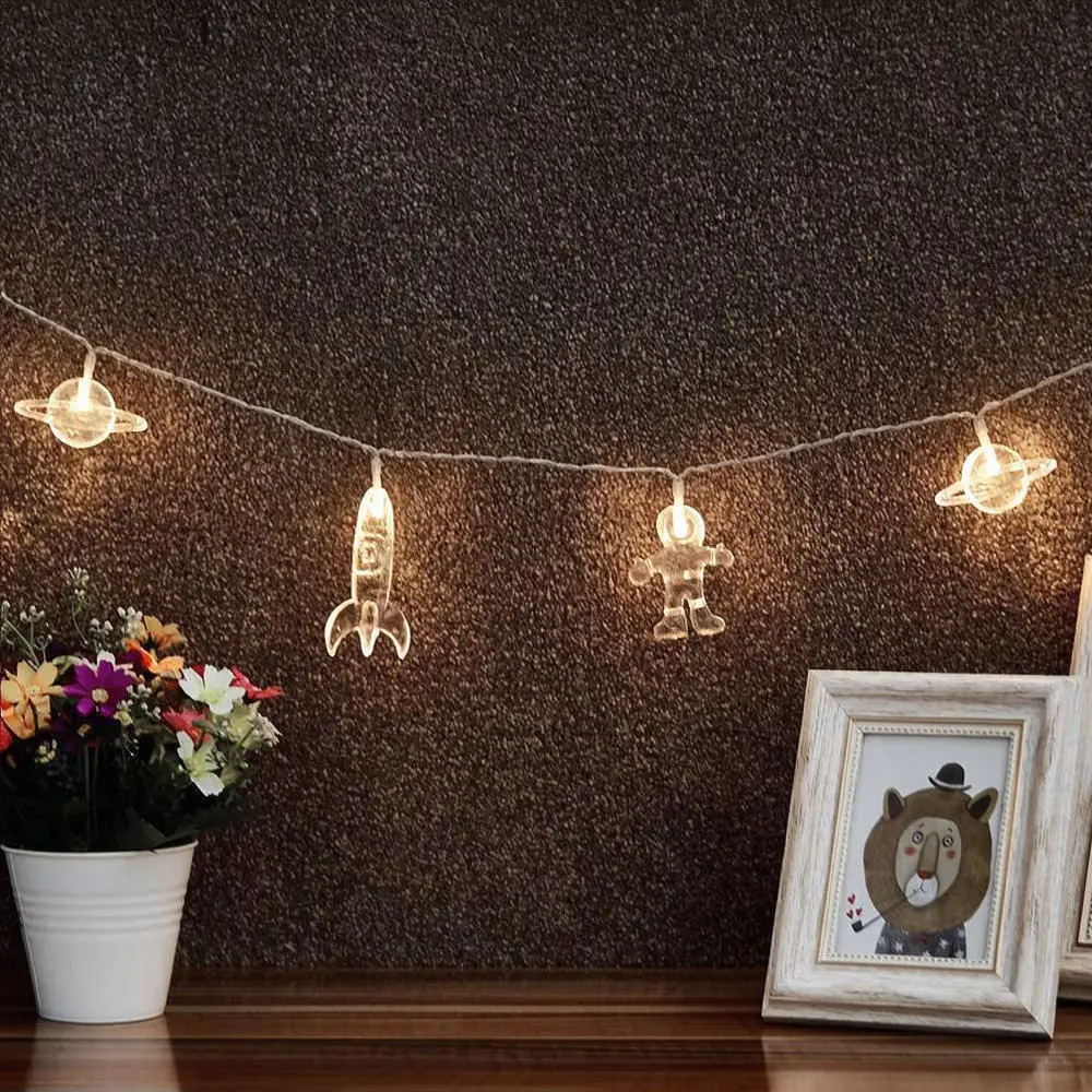 Decorative Astronaut Rocket Led String Lights Battery Powered Fairy Garland For Children Bedroom Interior Lighting