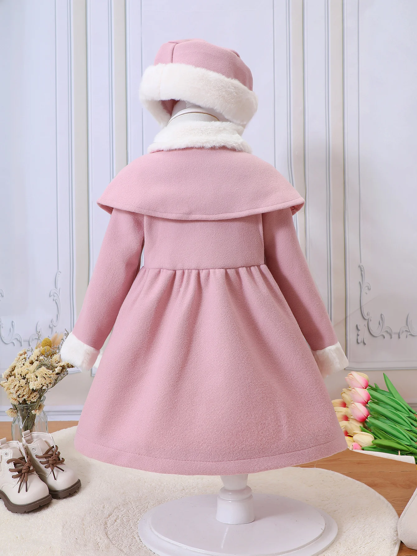 Girls Autumn And Winter New Fashionable Fur Collar Shawl Double Layered Woolen Coat With Bow Hat