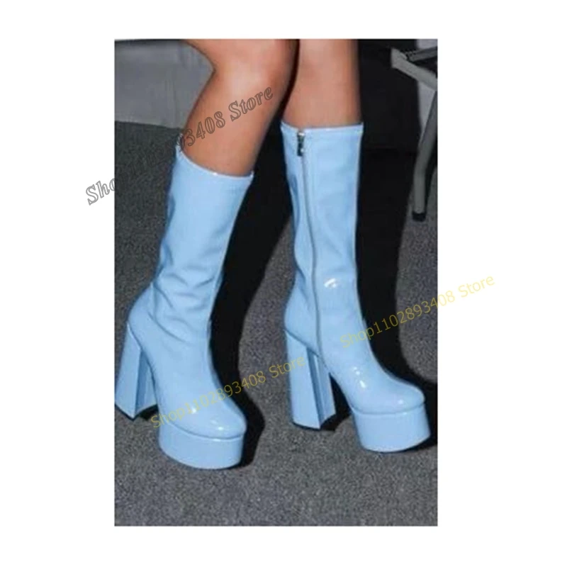 

Blue Patent Leather Platform Mid Calf Boots Pointed Toe Round Toe Chunky Heel Women Shoes 2023 Fashion Sexy Zapatos Para Mujere