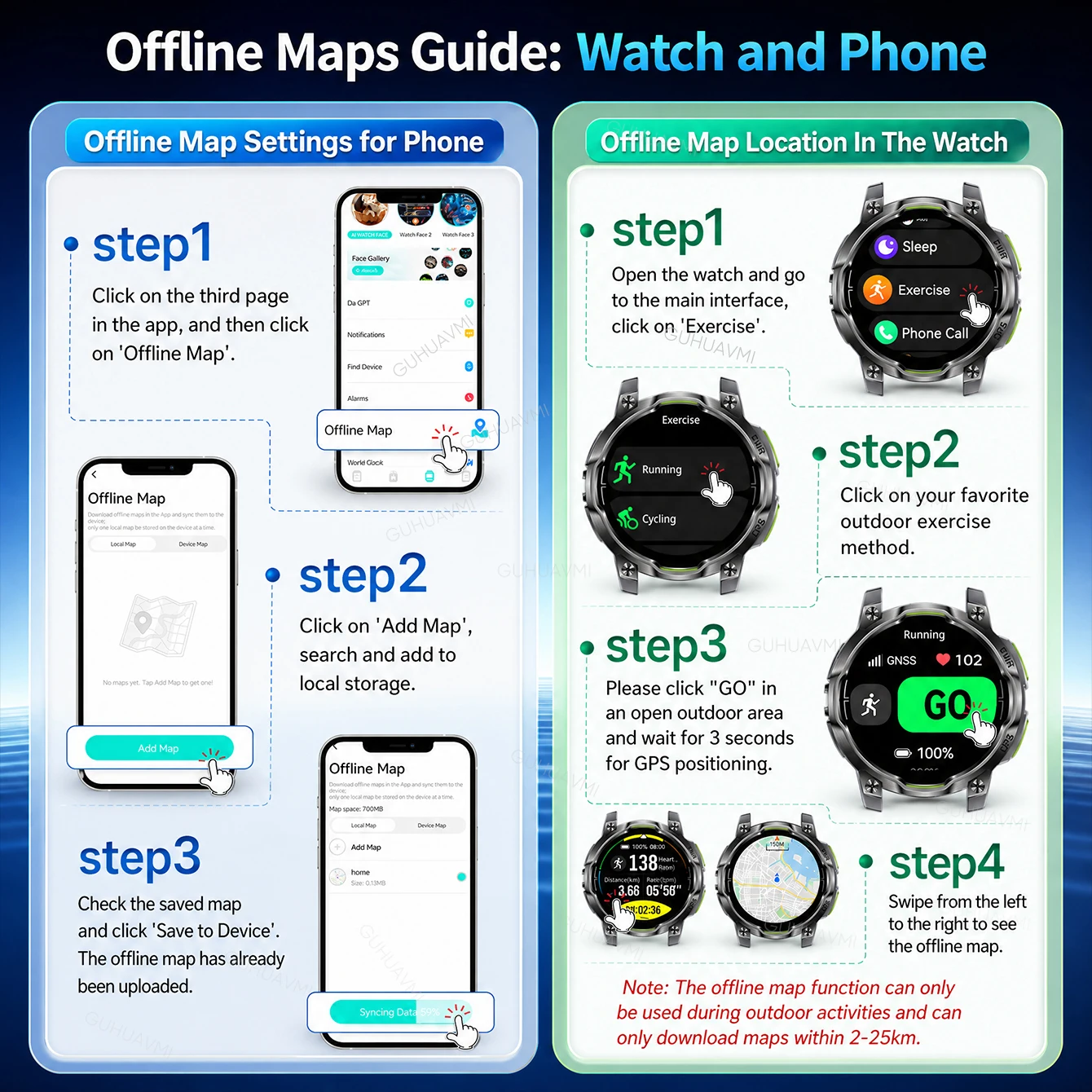New Upgrade GPS Offline Map Position Smart Watch 1200mAh Battery IPX8 Swim Heart Rate 1.46”AMOLED Screen Men Women Fitness Watch