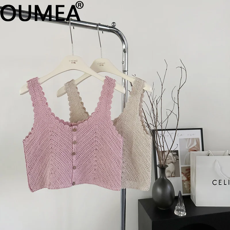 OUMEA Women Summer Knitting Cotton Crochet Beach Tank Tops Sleeveless Casual Knitting Tops Buttons Front Cute Korean Tops