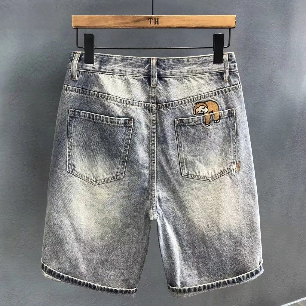 

Trendy Embroidered High-End Men's Shorts Summer Light Blue Casual Straight American Equestrian Jeans Mid-High Waist Wide Leg