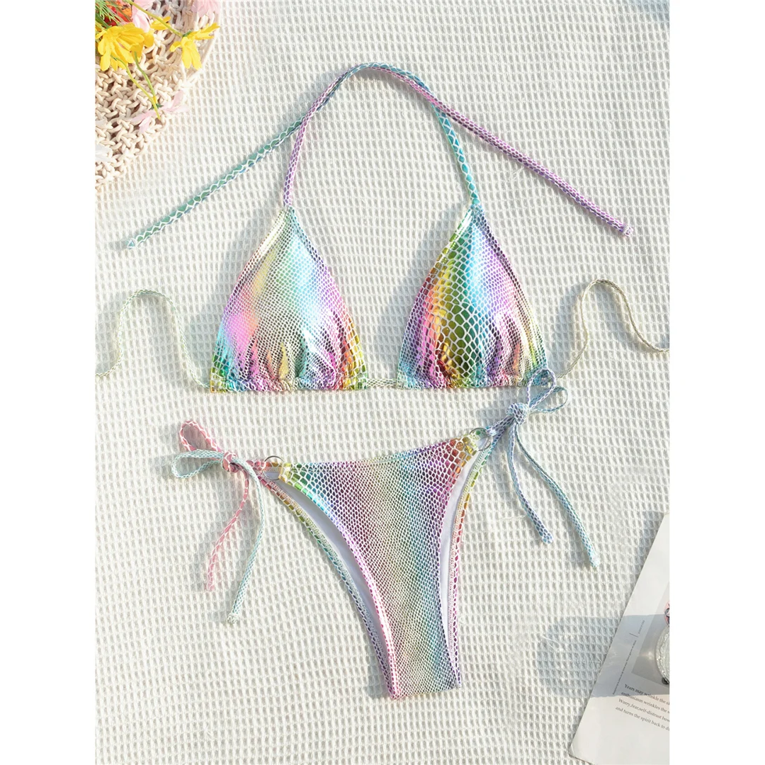 Bunter, mit Schlangenhautmuster versehener, trägerloser Bikini, Damen-Badeanzug, zweiteiliges Bikini-Set, Badebekleidung, Badeanzug, Modell V5822. – Detail 9