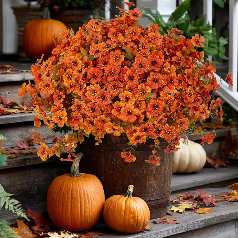 

Artificial Fall Flowers Outdoor Fake Mums - 16 Bundles Fake Plants UV Resistant No Fade Faux Plastic Greenery Garden Porch Patio