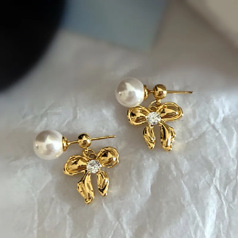 Top Grade Metallic Bowknot Pearl Fashion Earrings For Women 2024 New Front And Back Earings Wholesale