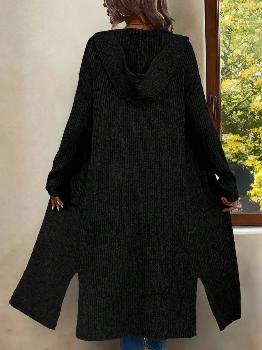 듀얼 포켓 스플릿 헴 후드 더스터 가디건, 긴 소매 탑 가을 겨울 여성용 의류