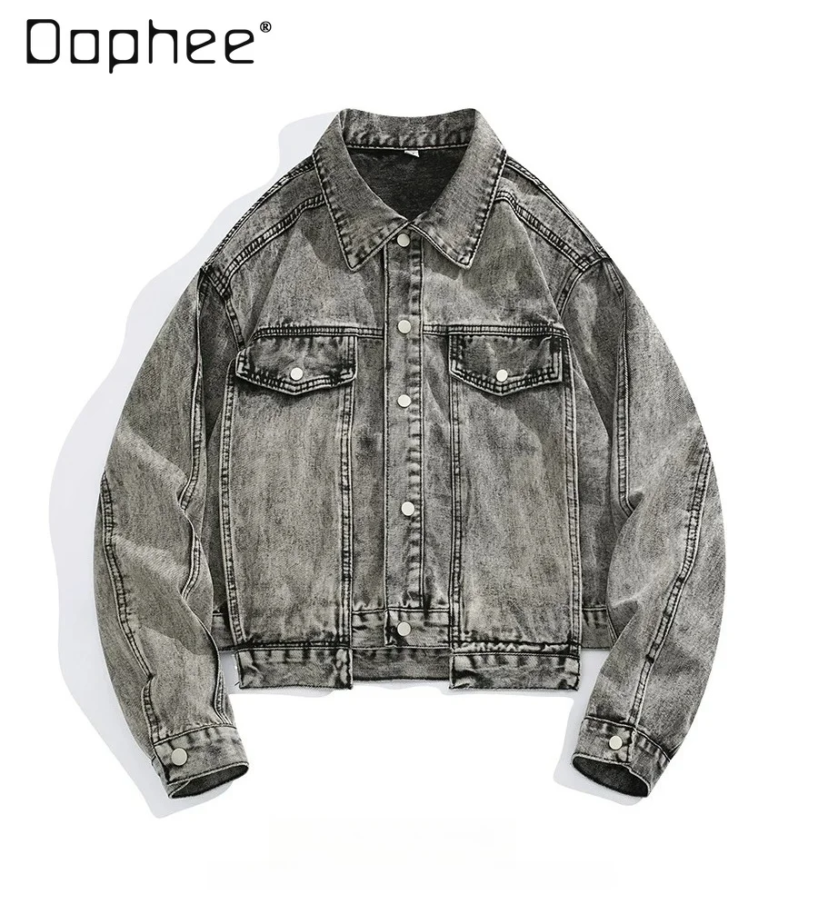 Retro Washed Grey Denim Jacket Men Lapel Collar Double Chest Pocket Button Front Loose Cropped Casual Street Outerwear