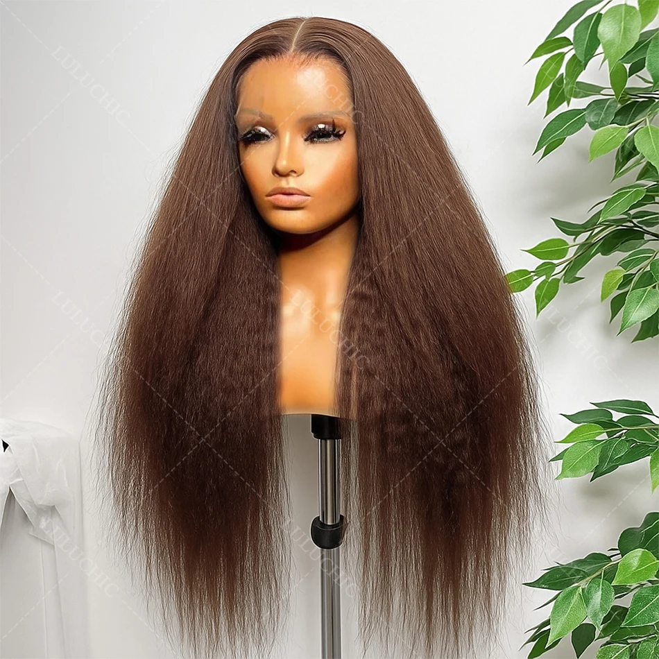 

Brazilian Chocolate Brown Wig Kinky Straight 13x6 Lace Frontal Wig Human Hair Pre Plucked Straight Brown Colored Wig For Women