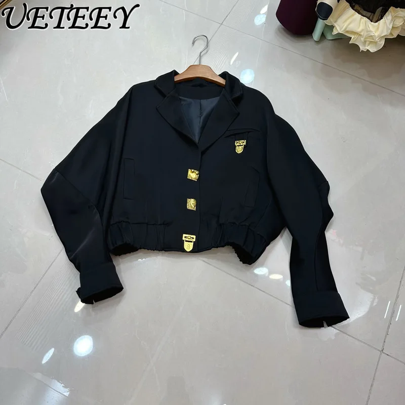 

Turn-Down Collar Long Sleeve Heavy Metal Single-Breasted Design Coat Autumn New Black Versatile Simple Casual Short Jacket