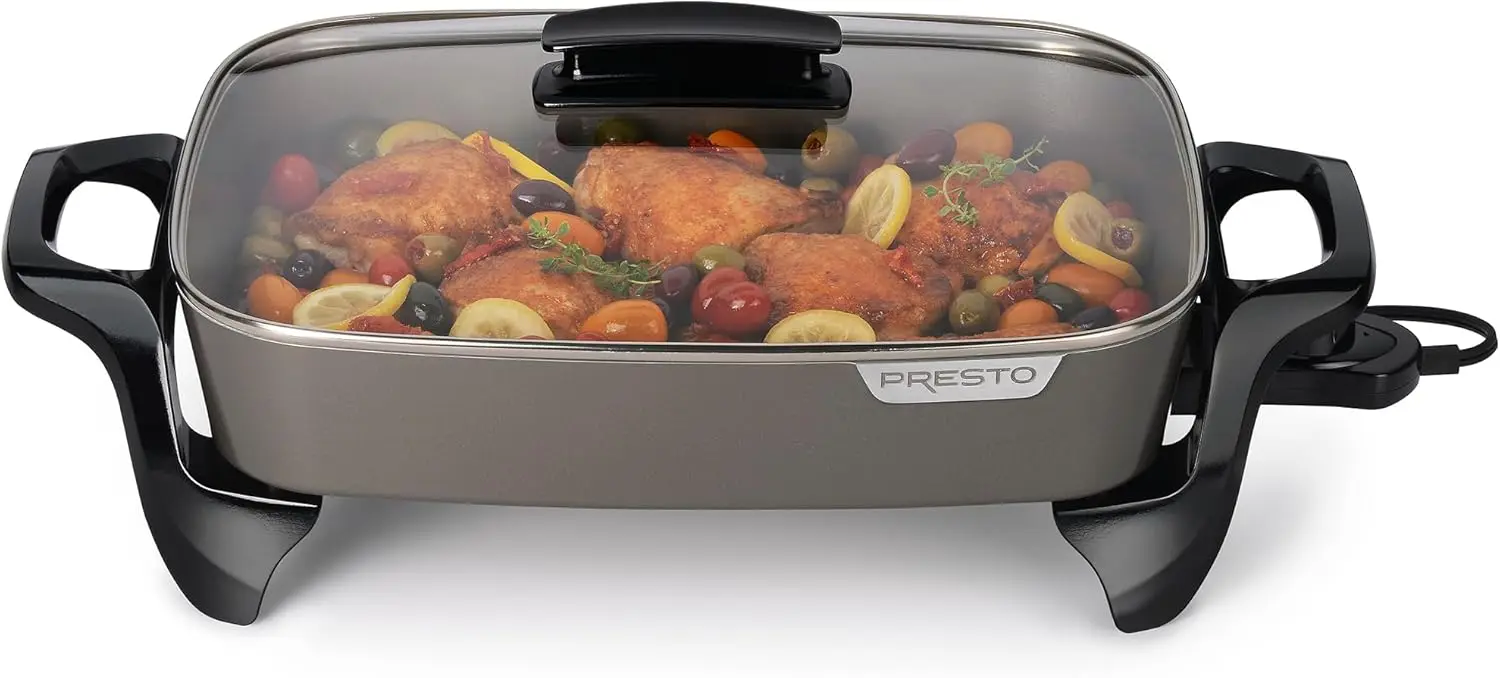 

16-дюймовая электрическая керамическая сковорода с контролем температуры, компактная антипригарная кухонная поверхность, идеально подходит для домашнего использования, современный серый цвет