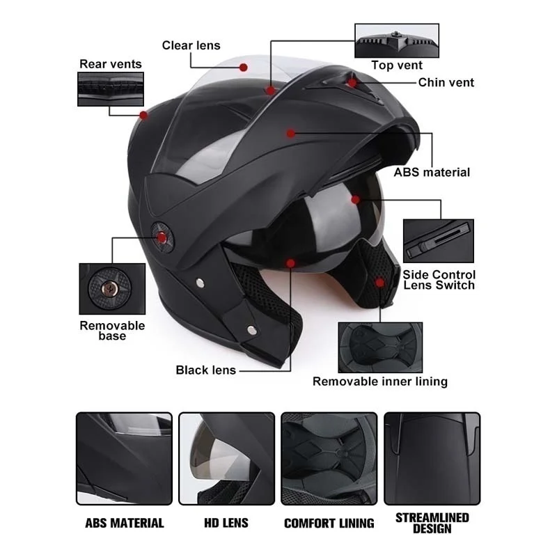 DOT Flip Up  Double Lens Unisex Helmet With Visor Motorcycle Helmet Cross Section Helmet  Modular Flip Helm