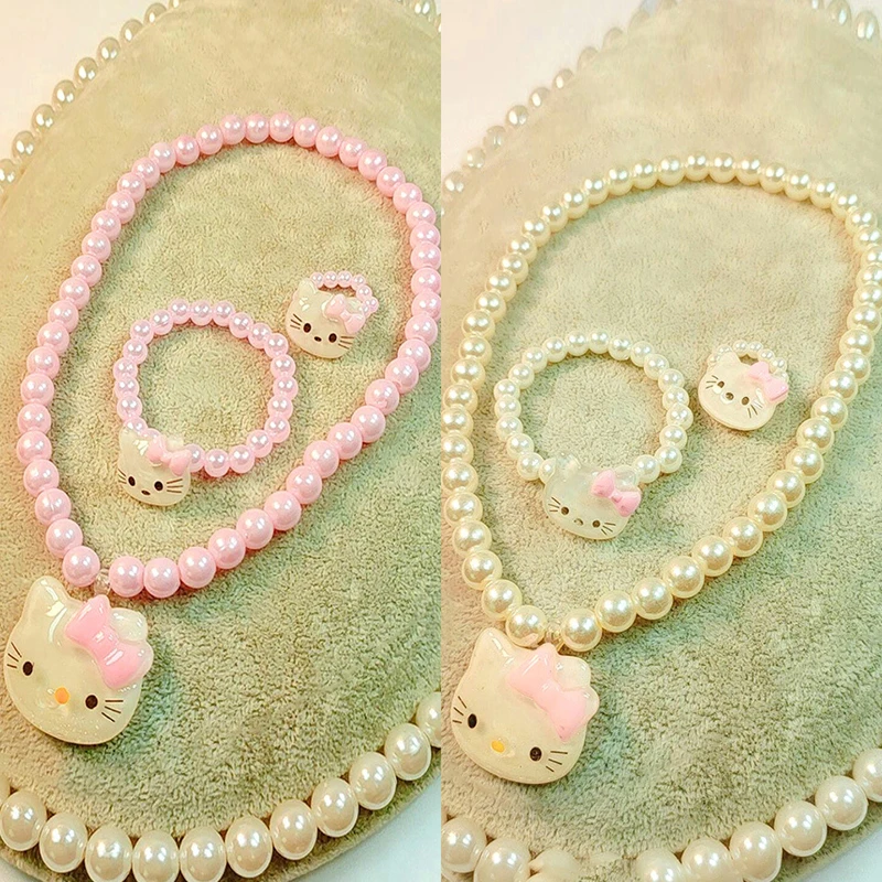 3Pcs Hello Kitty Pearl Necklace Bracelet Ring Suit Kawaii Cute Cartoon Anime Jewelry Birthday Gifts Toys For Girls Toys