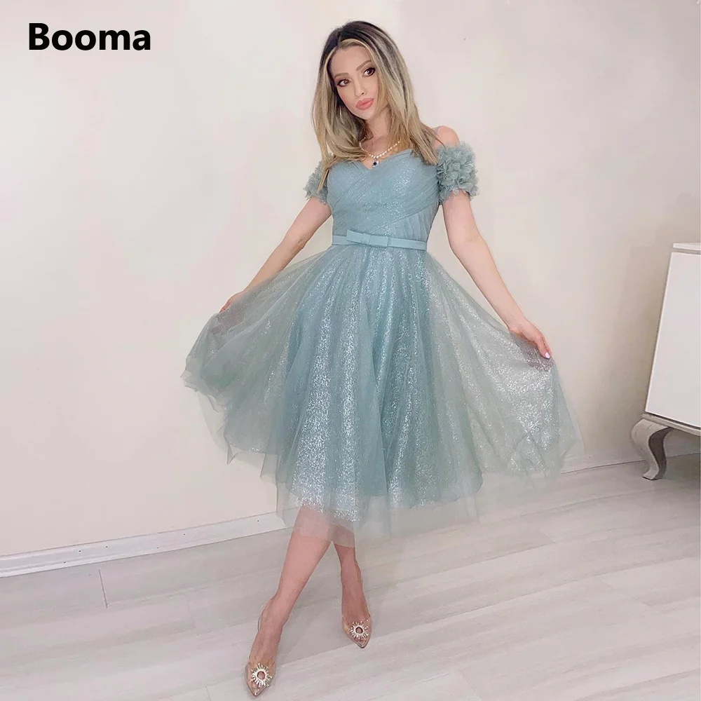 

Booma Dusty Blue Glittery Tulle Midi Prom Dresses Off the Shoulder Ruffles Tea-Length A-Line Evening Gowns Night Party Dresses