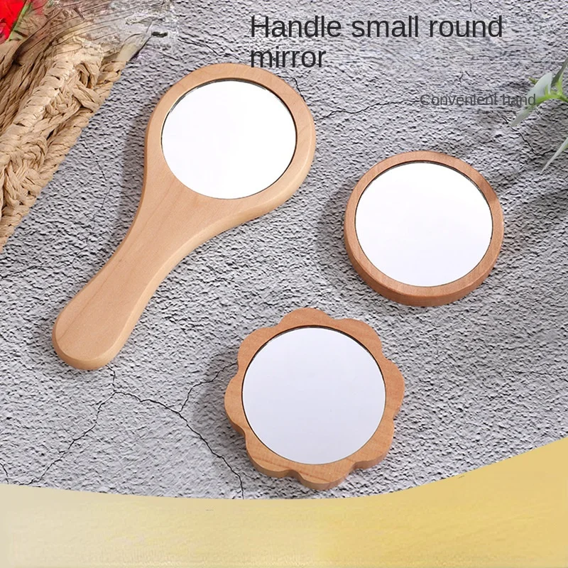 Eenvoudige Houten Draagbare Spiegel Mini Kleine Make-Up Spiegel Vrouwelijke Handheld Beauty Make-Up Spiegel Kleine Ronde Spiegels