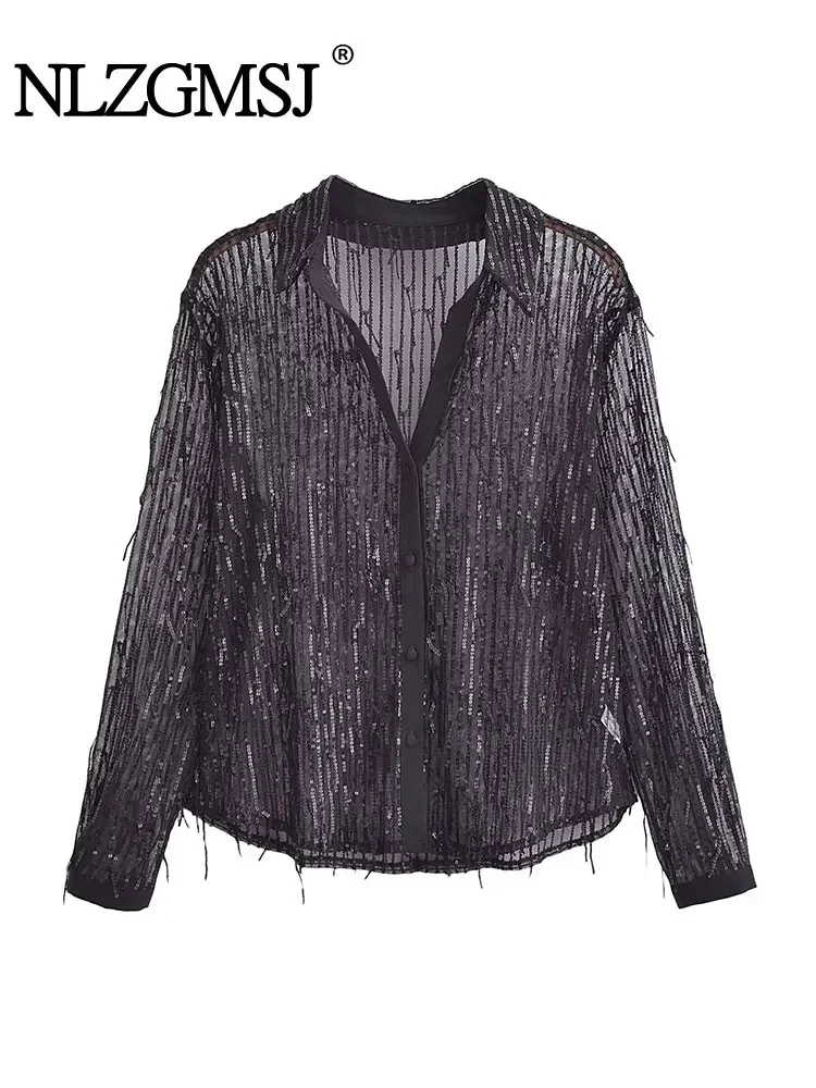 Nlzgmsj TRAF 2024 Spring Autumn Solid High Street Women Top Turn-down Collar Sequin Tassel Shirts Women