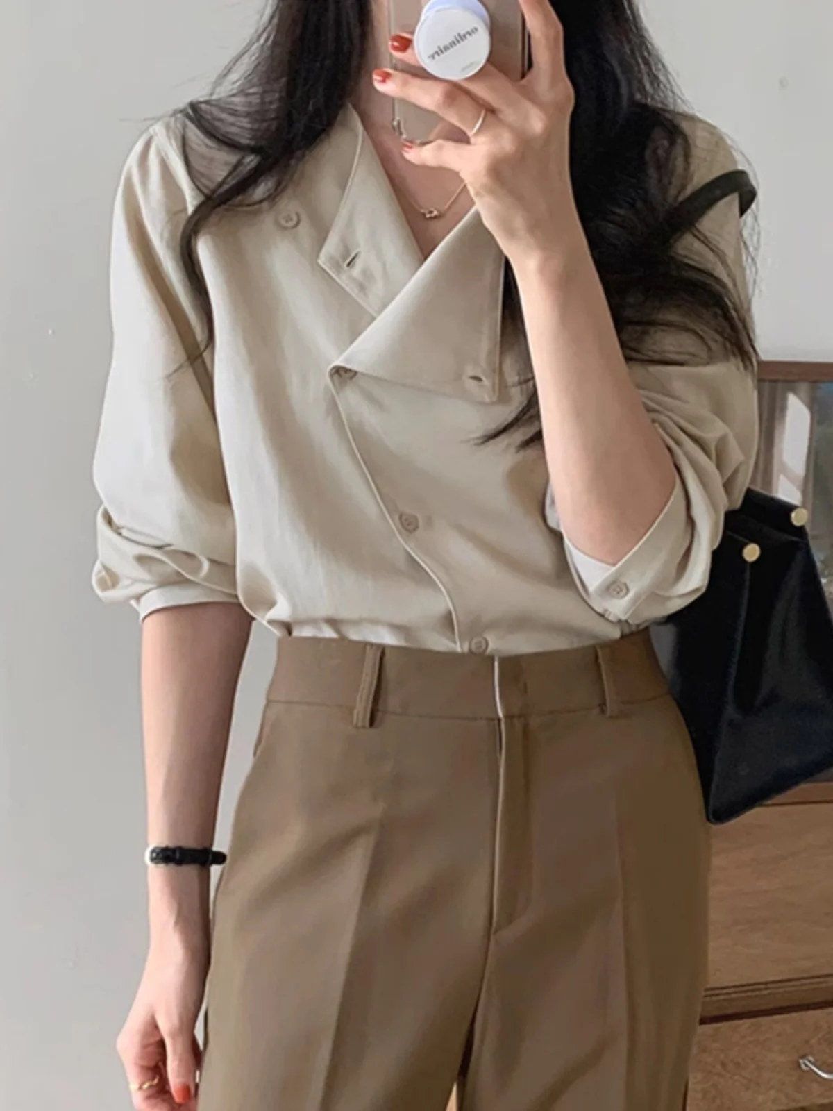 

Ele Long Sve Women's irt Spring 2024 New Sle Gentle Design Sense Diagonal Buttoning Quali irt Korean Commute S...