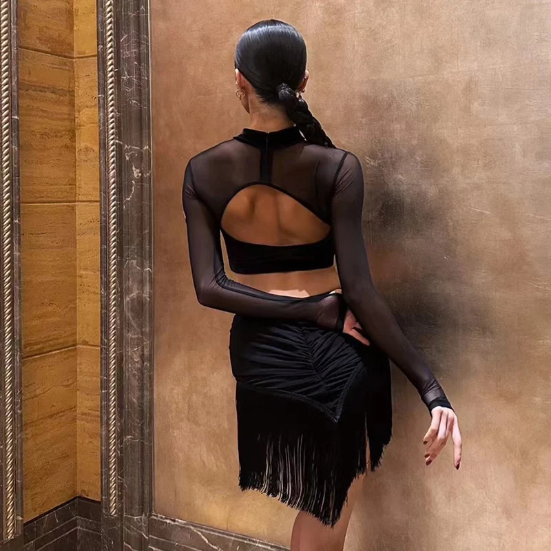 Ropa de baile latino Sexy para mujer, blusa negra de malla, falda con borlas, ropa de competición de baile latino para adultos, Ropa de práctica de baile DNV19585