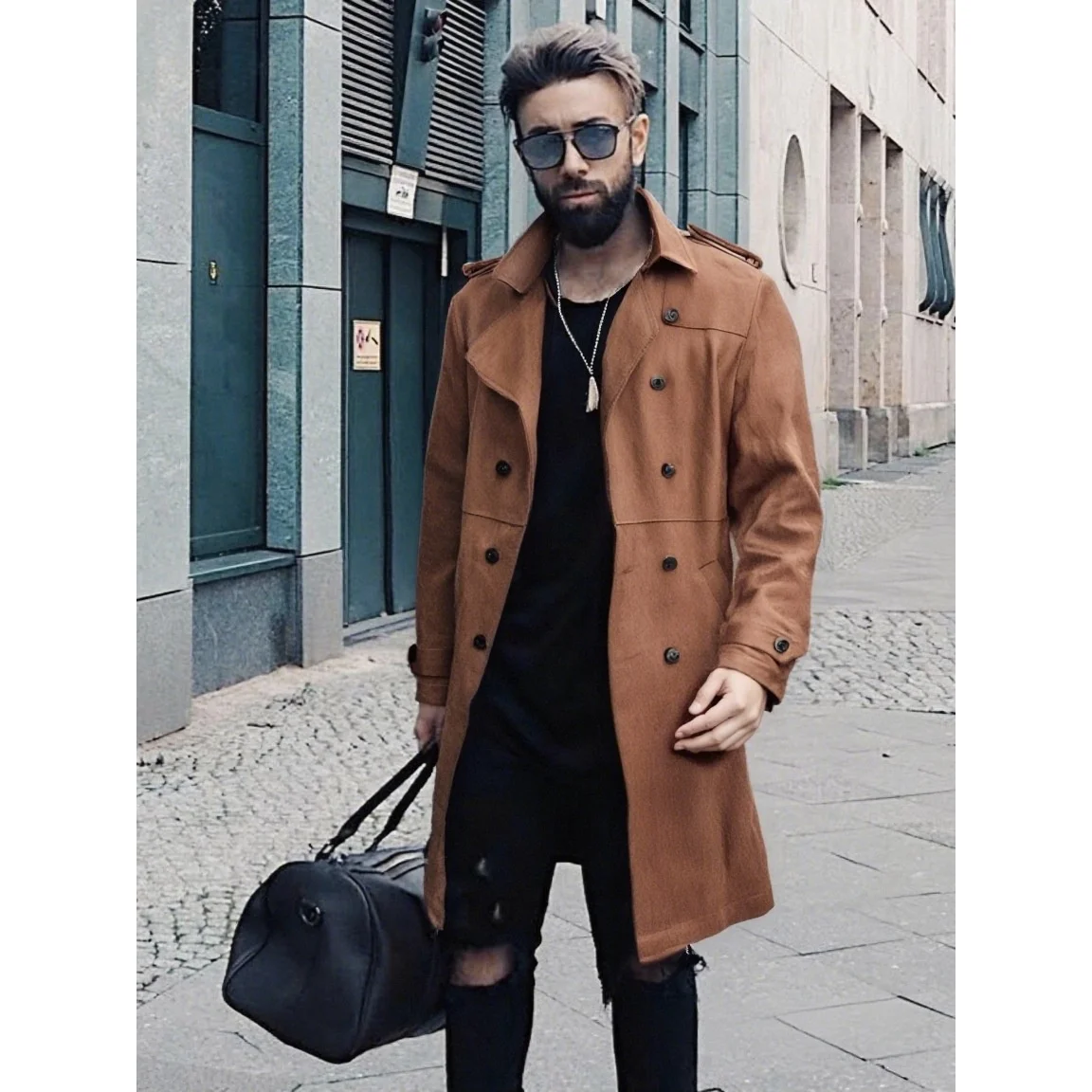 

American Sle Men's Suede Jaet Mid-Length Windbreaker Retro Biker Coat Polyester Faux Wool Material Long Coat