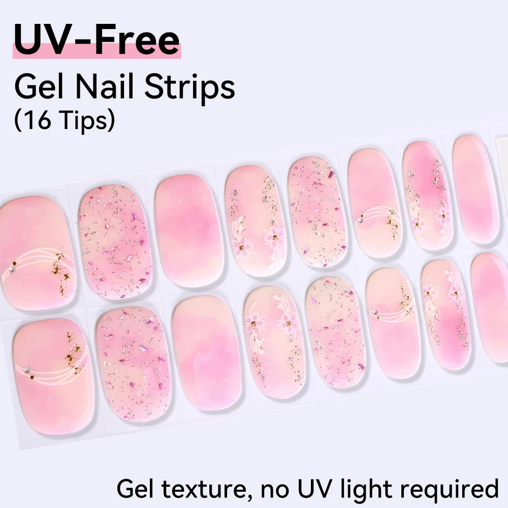 16Tips Gel Nail Stickers UV Cured-free Long-Lasting Pink Color Nail Strips Patch Slider Full Cover Decal Nail Manicure Patch