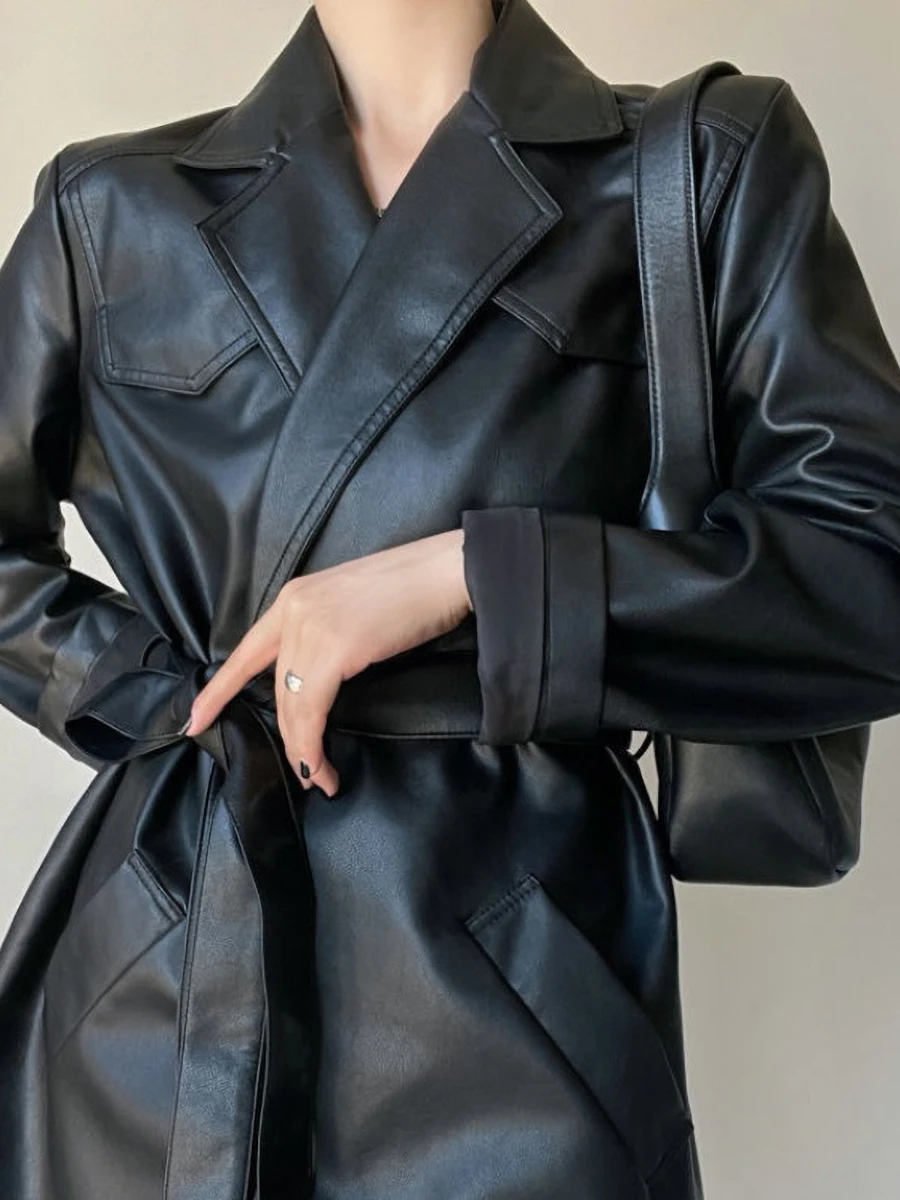 Jaqueta de couro preto feminino outono inverno nova moda coreana fino casacos do plutônio temperamento terno de comprimento médio do plutônio outerwear com cinto