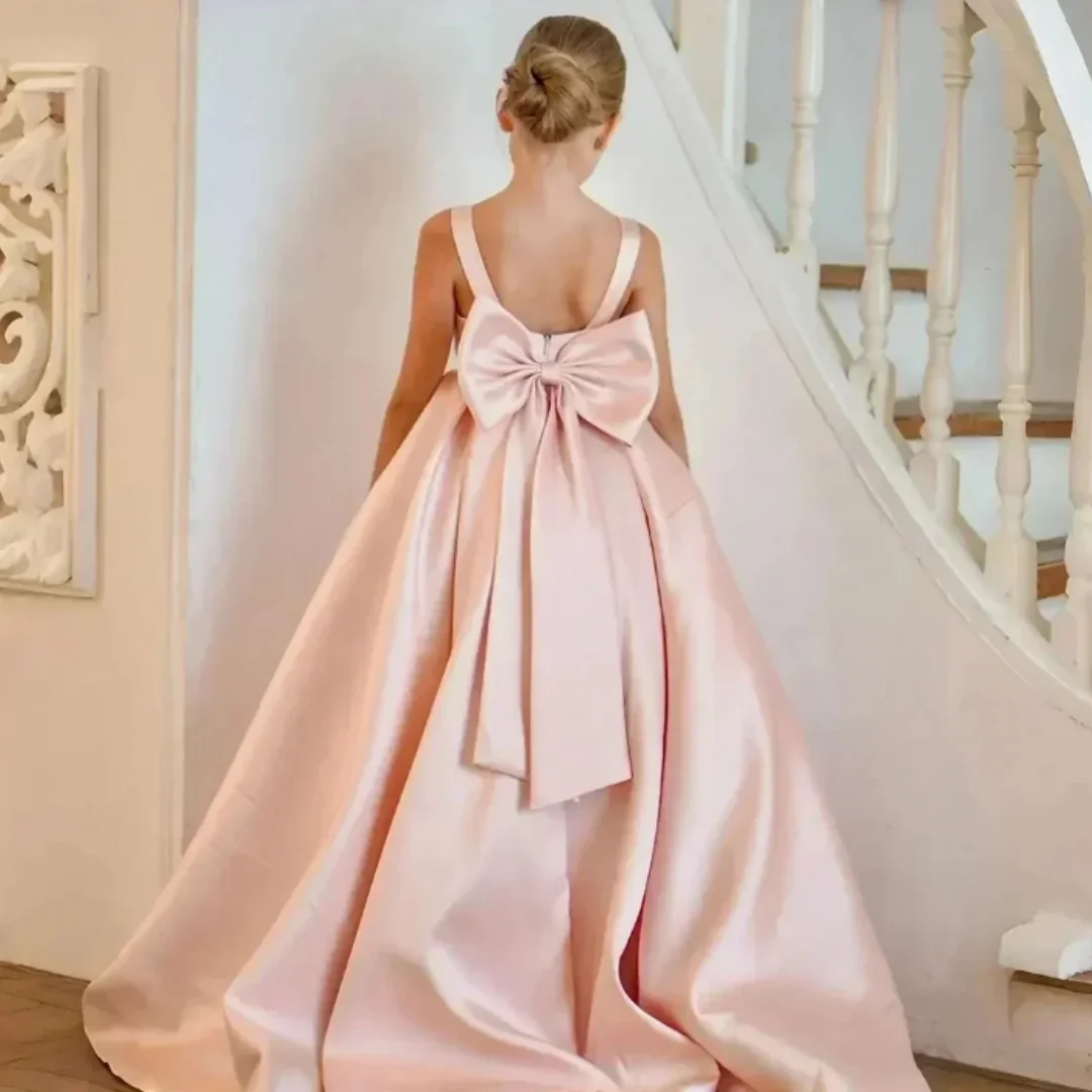 Vestido de fiesta de boda de satén para niños, vestido sencillo con lazo y flores para niña, vestido largo de cumpleaños, vestido de primera comunión